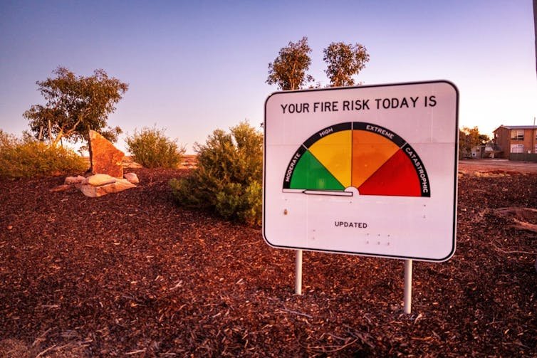 A road sign showing wildfire warning levels on an Australian road.